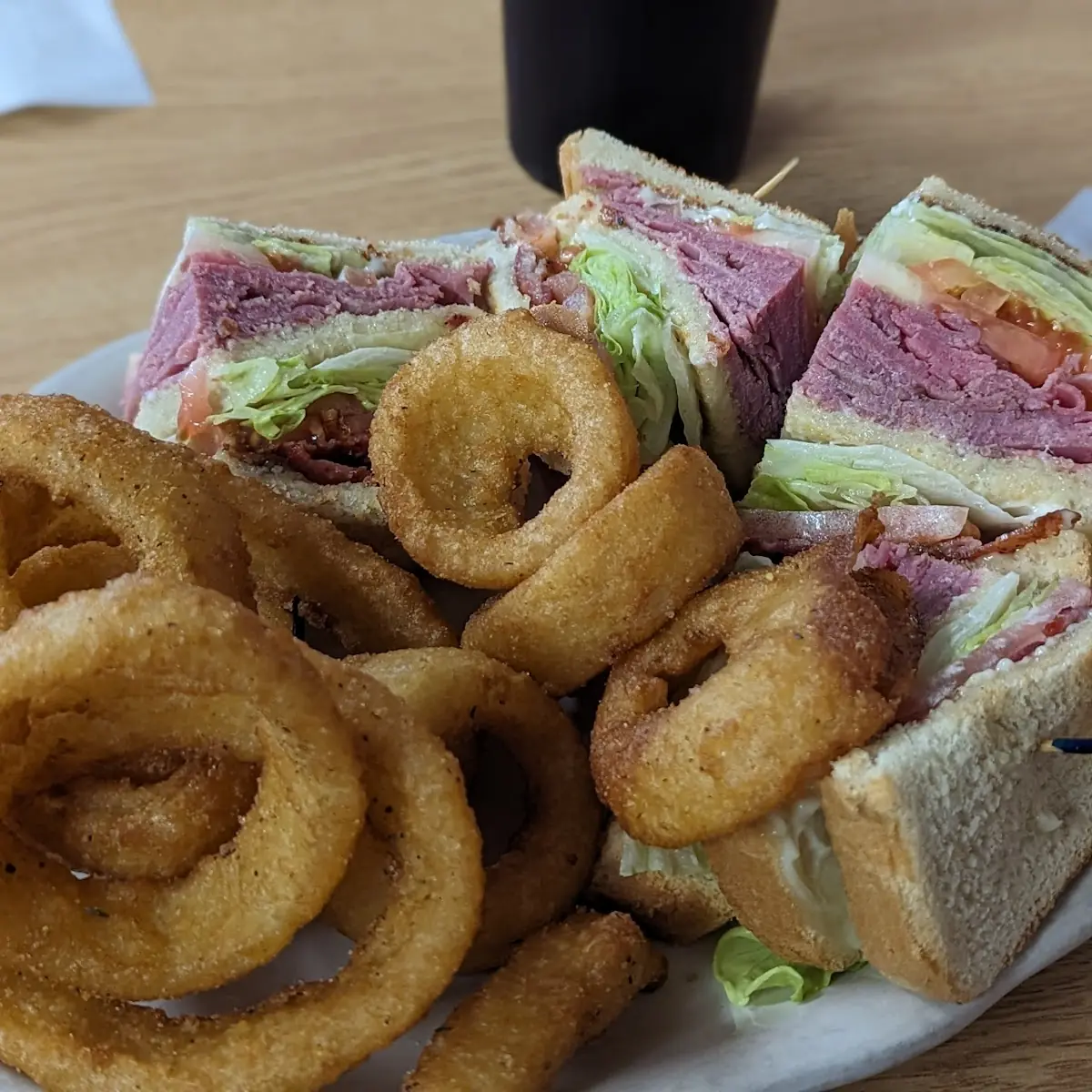 Roast Beef Club with Onion Rings