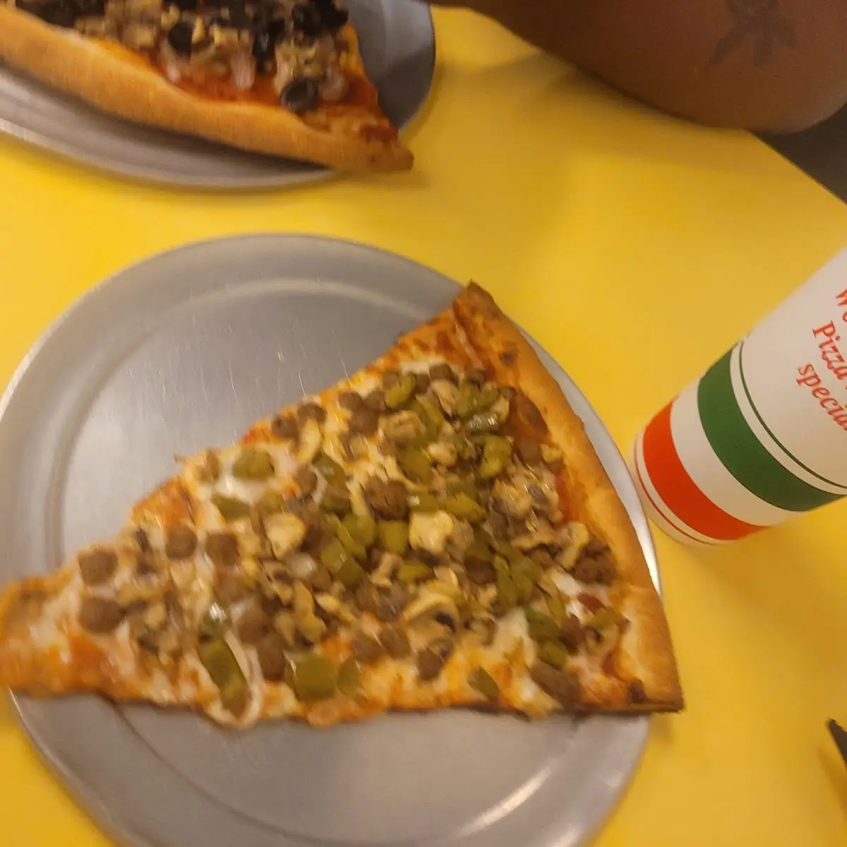 Cheese Pizza Slice with Beef and Green Peppers