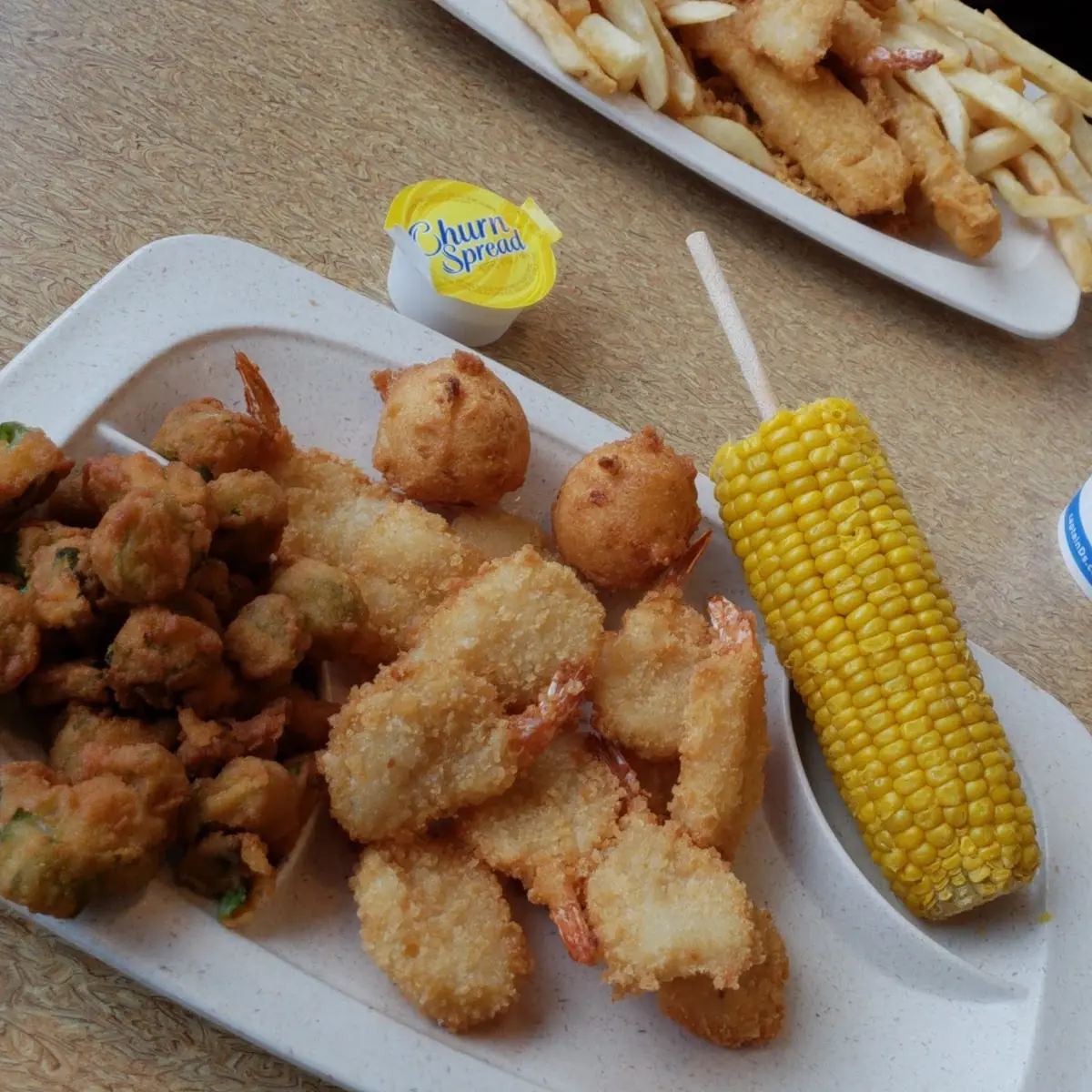 Shrimp Fried Okra and Corn on the Cob