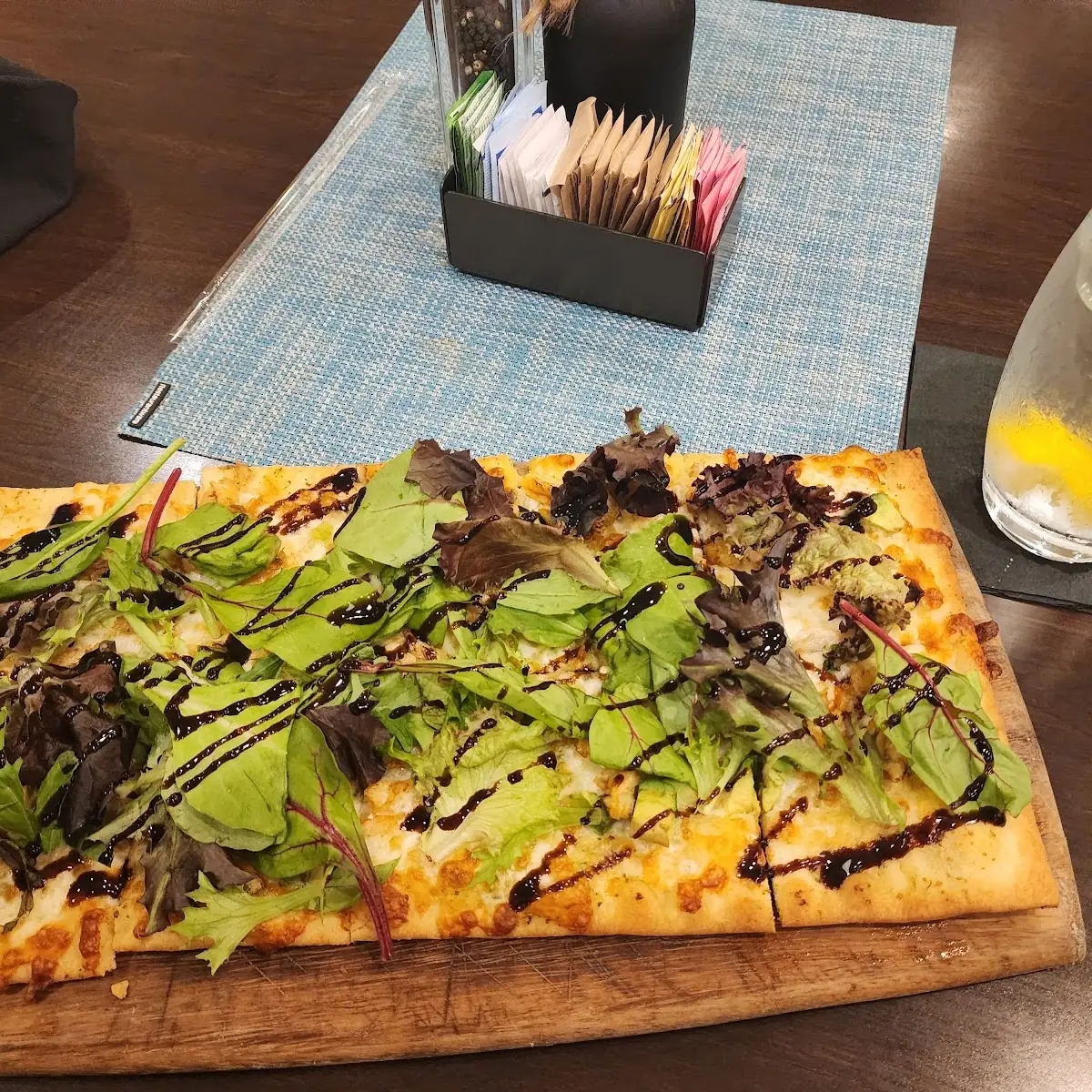 Pesto Crab Cheese Arugula Flatbread Pizza with Balsamic Drizzle