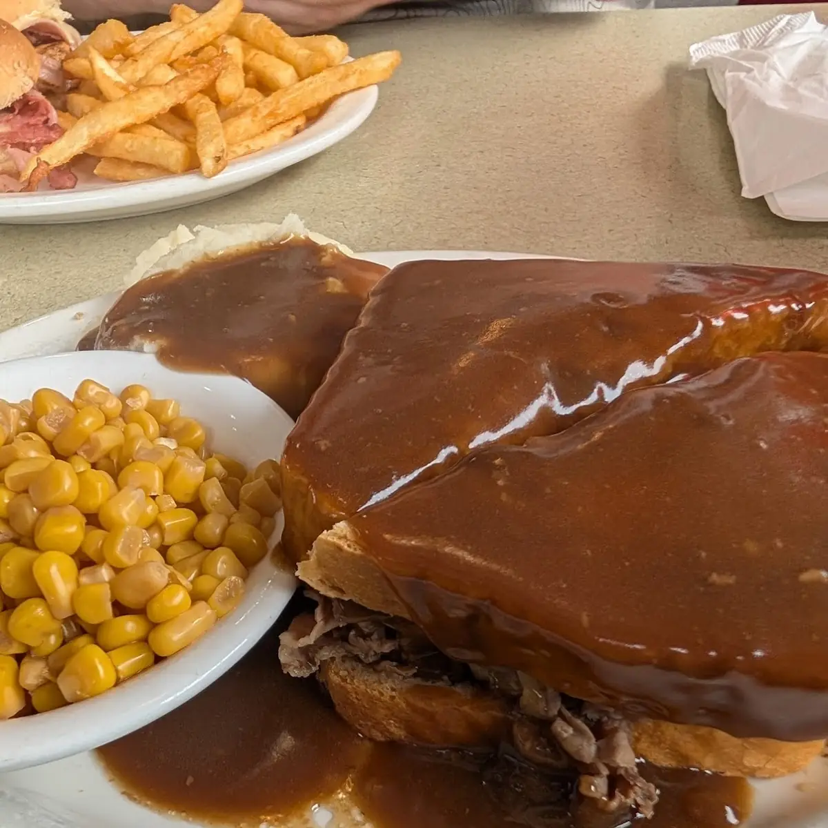 Angus Hot Roast Beef Sandwich w Mashed Potatoes Topped with Beef Gravy & Side of Corn