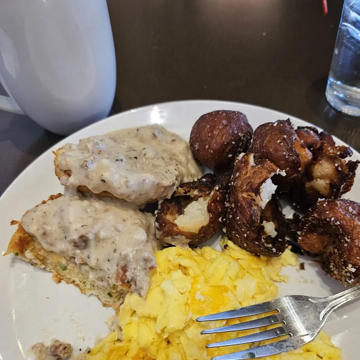 Biscuits and Gravy with Breakfast Potatoes and Bacon