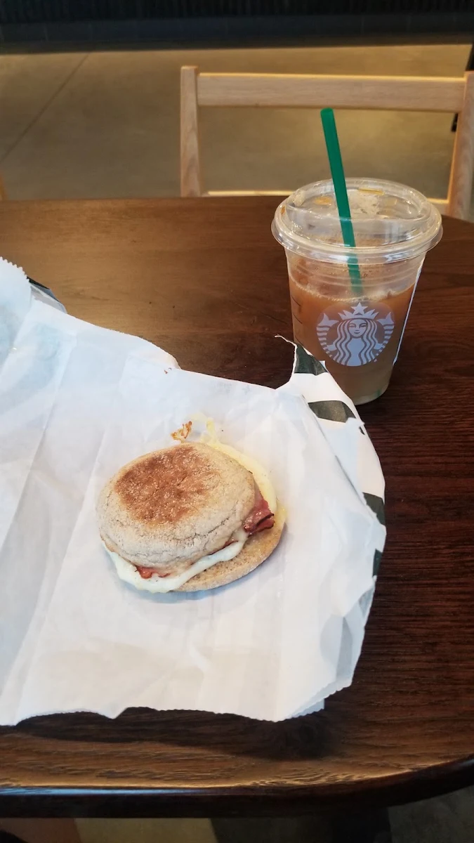 Iced Coffee and Reduced Fat Egg White Turkey Bacon Egg and Cheese
