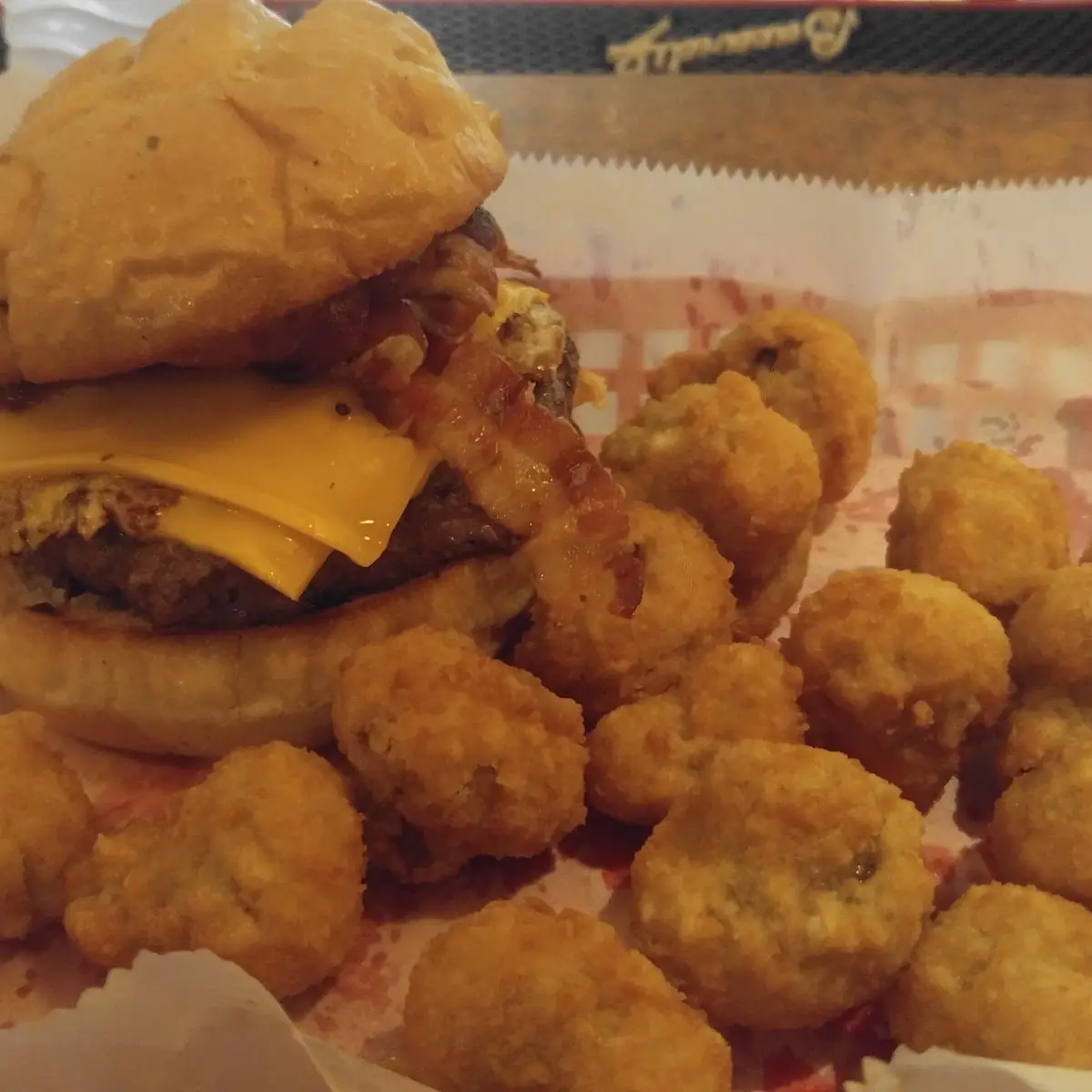 Brunch Burger and Fried Mushrooms
