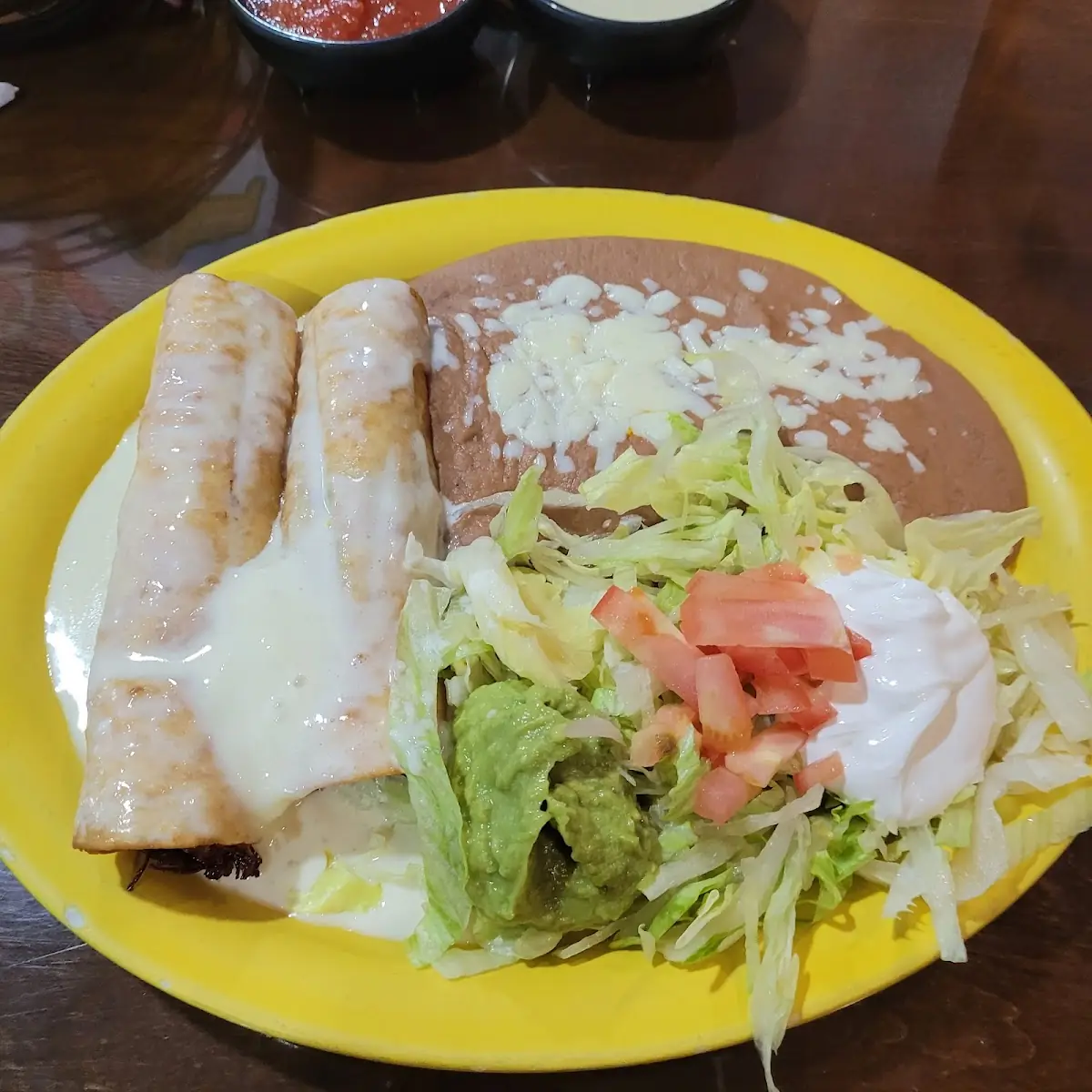 One Enchilada Spanish Rice and Refried Beans