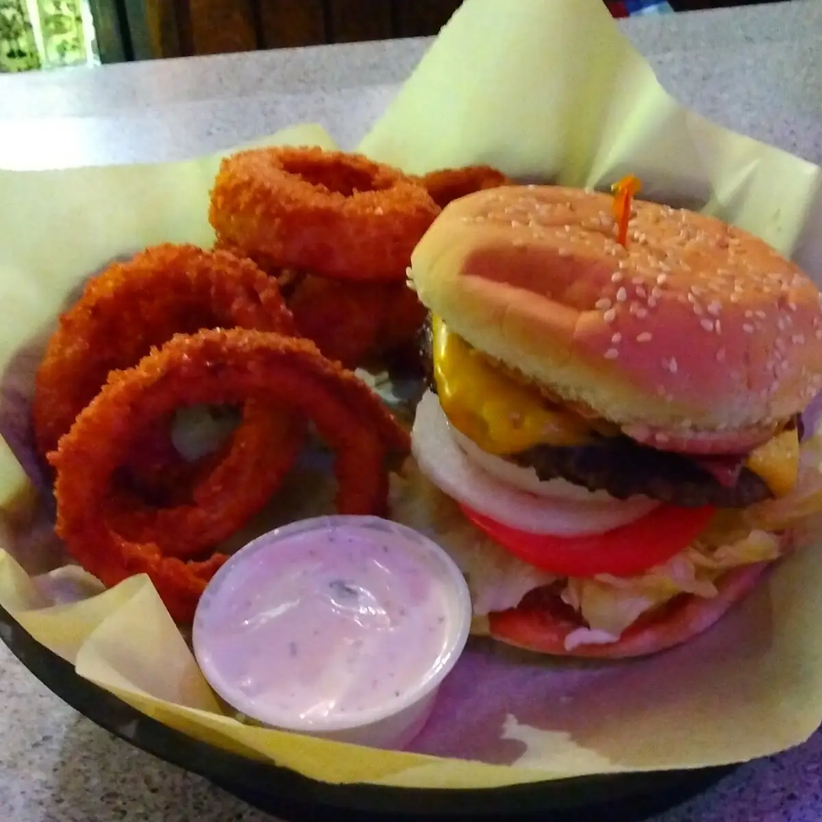 Bacon Cheeseburger and Onion Rings