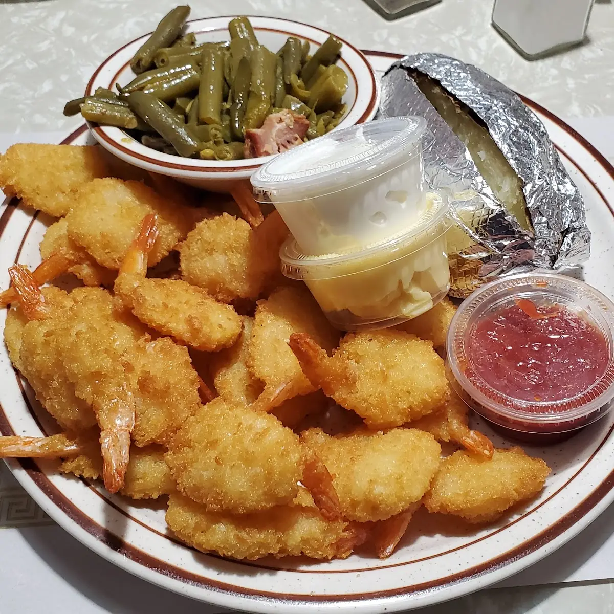 Shrimp Dinner with Green Beans and Baked Potato