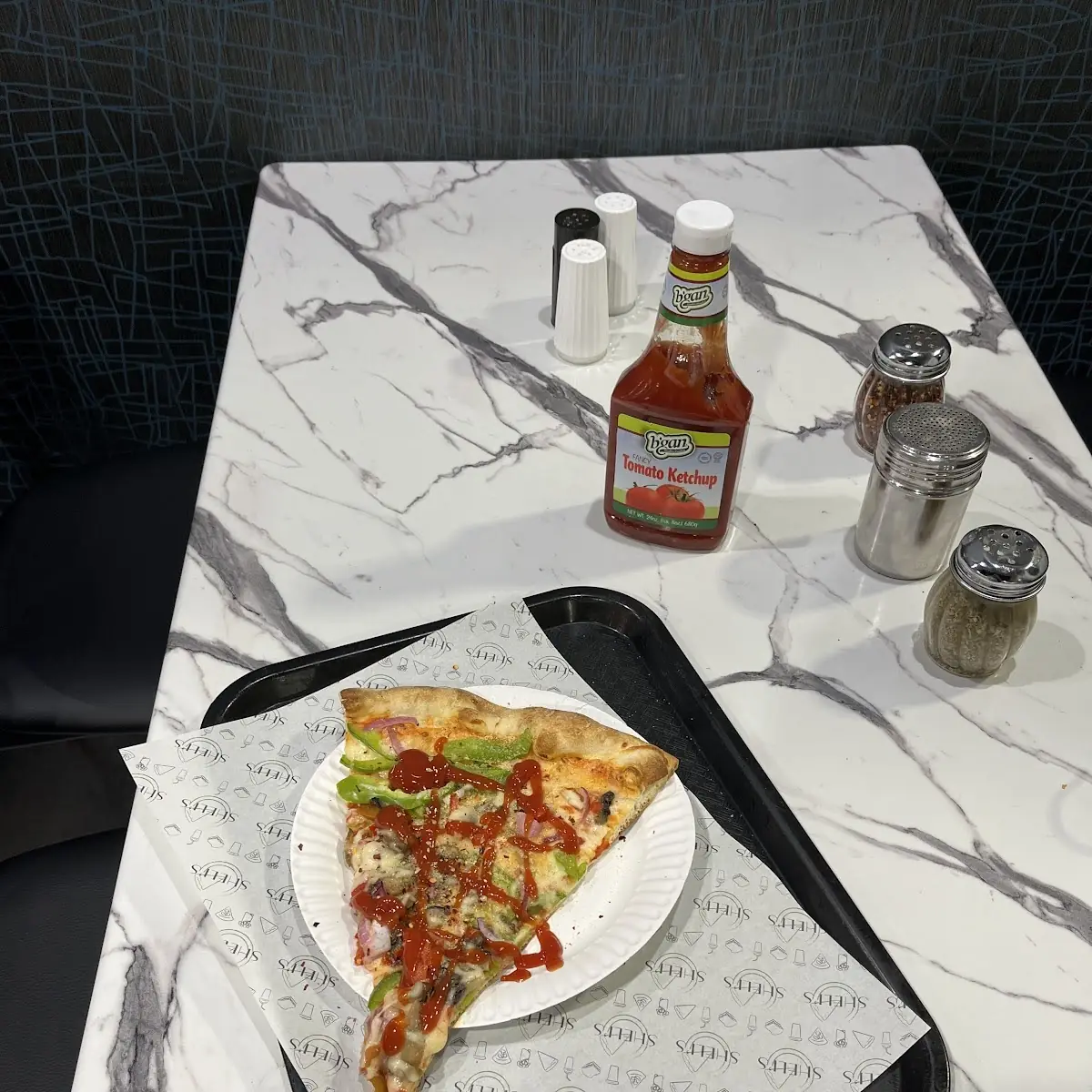Veggie Pizza Slice with Ketchup