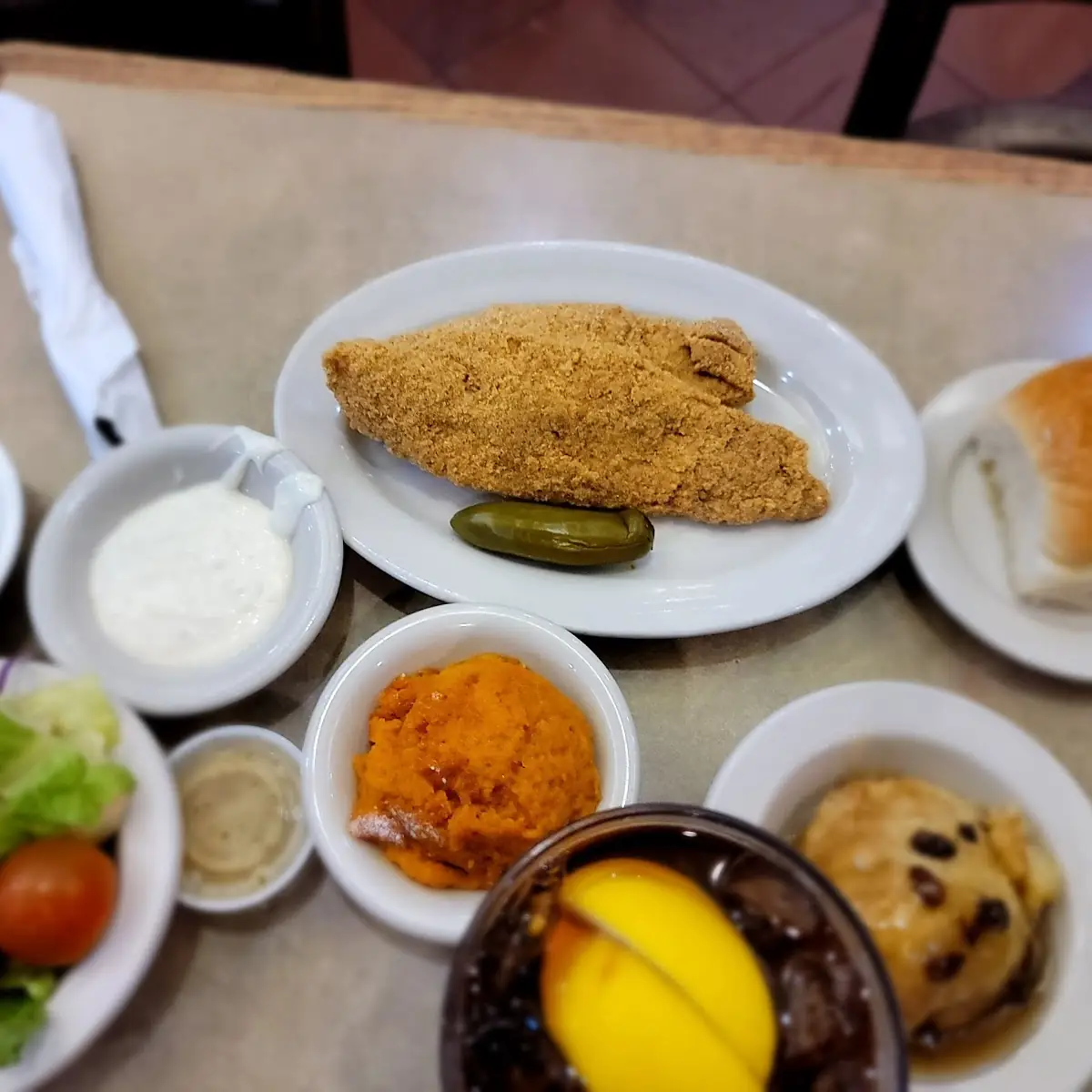 Fried Catfish Dinner Carrot Souffle Mac and Cheese