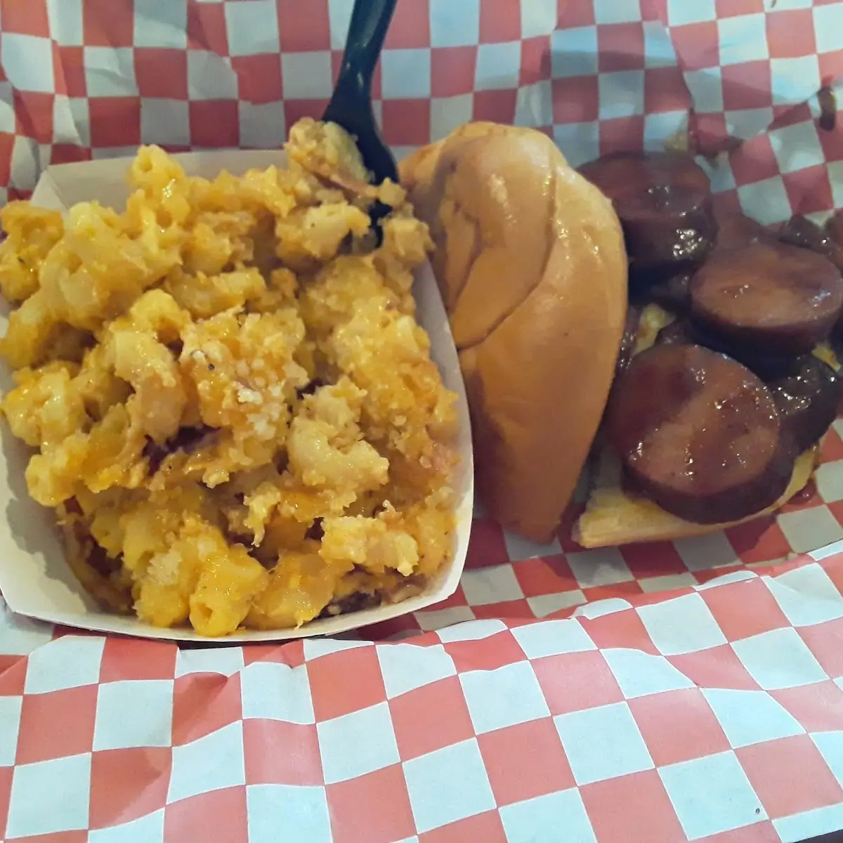 Half Sausage Sandwich with Bacon Mac and Cheese
