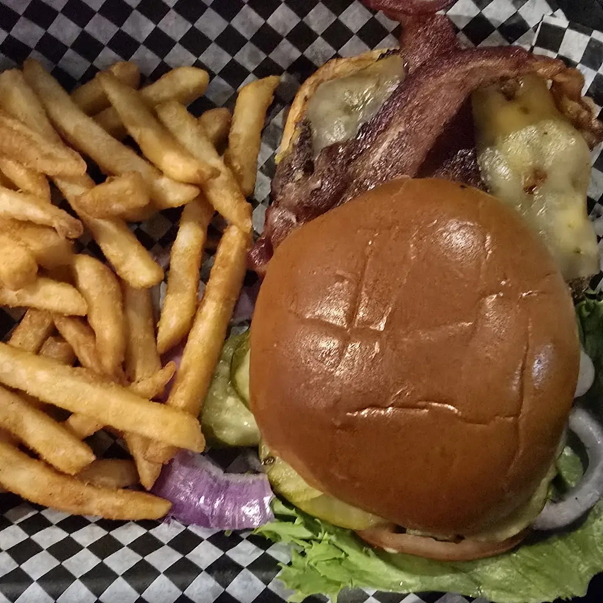 Bacon Cheese Burger with Everything and Fries