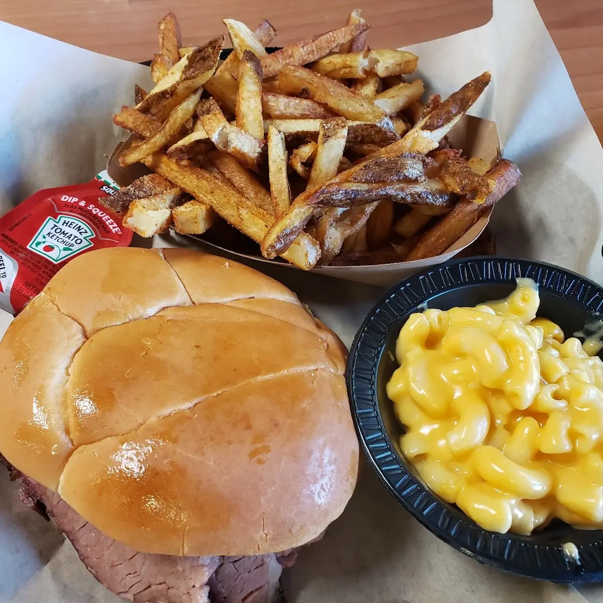Brisket Sandwich Fries & Mac & Cheese