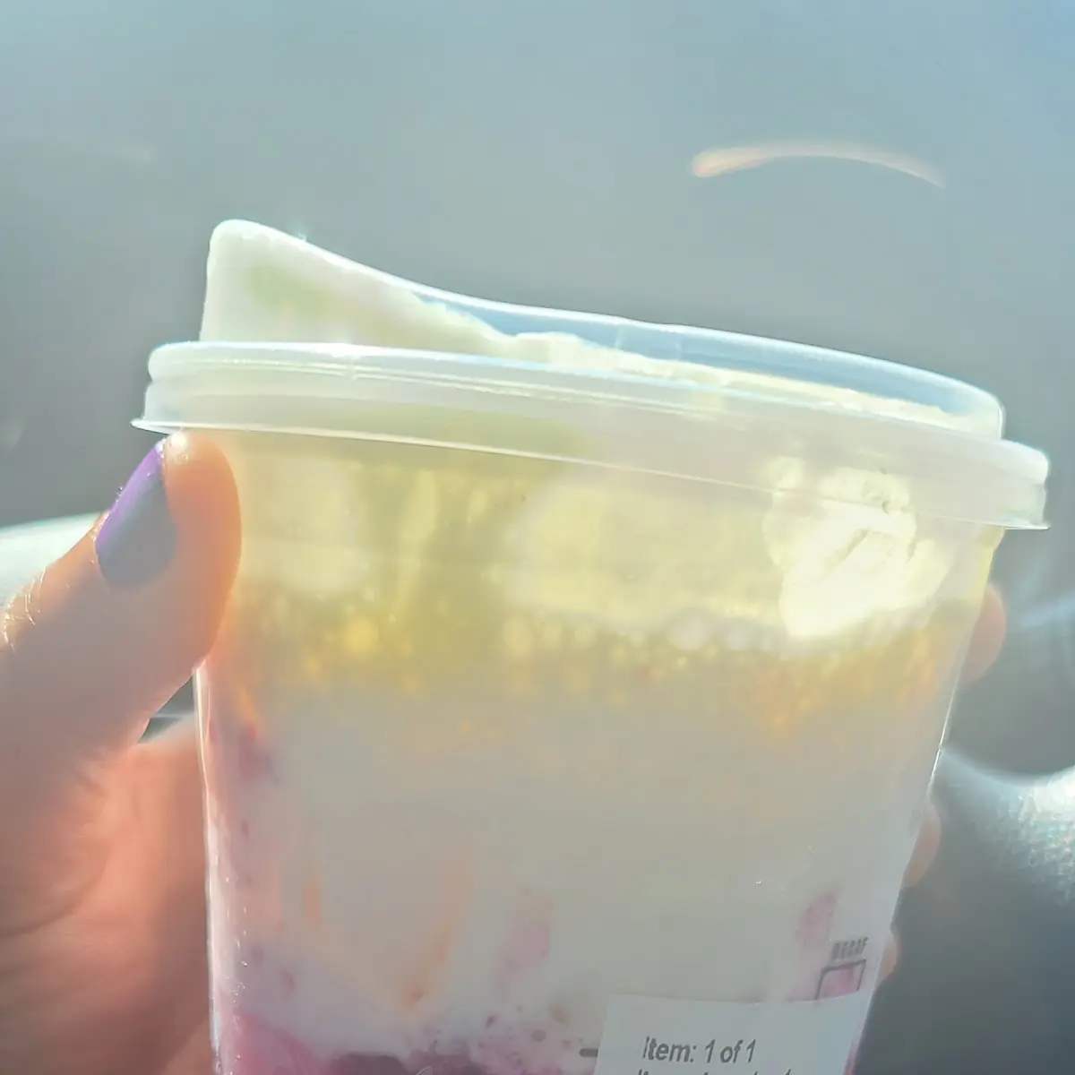 Mango Dragon Fruit Refresher with Sweet Cream Cold Foam and Extra Strawberry Inclusions