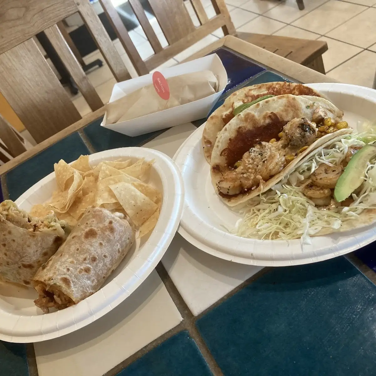 Shrimp Tacos and Salmon Burrito