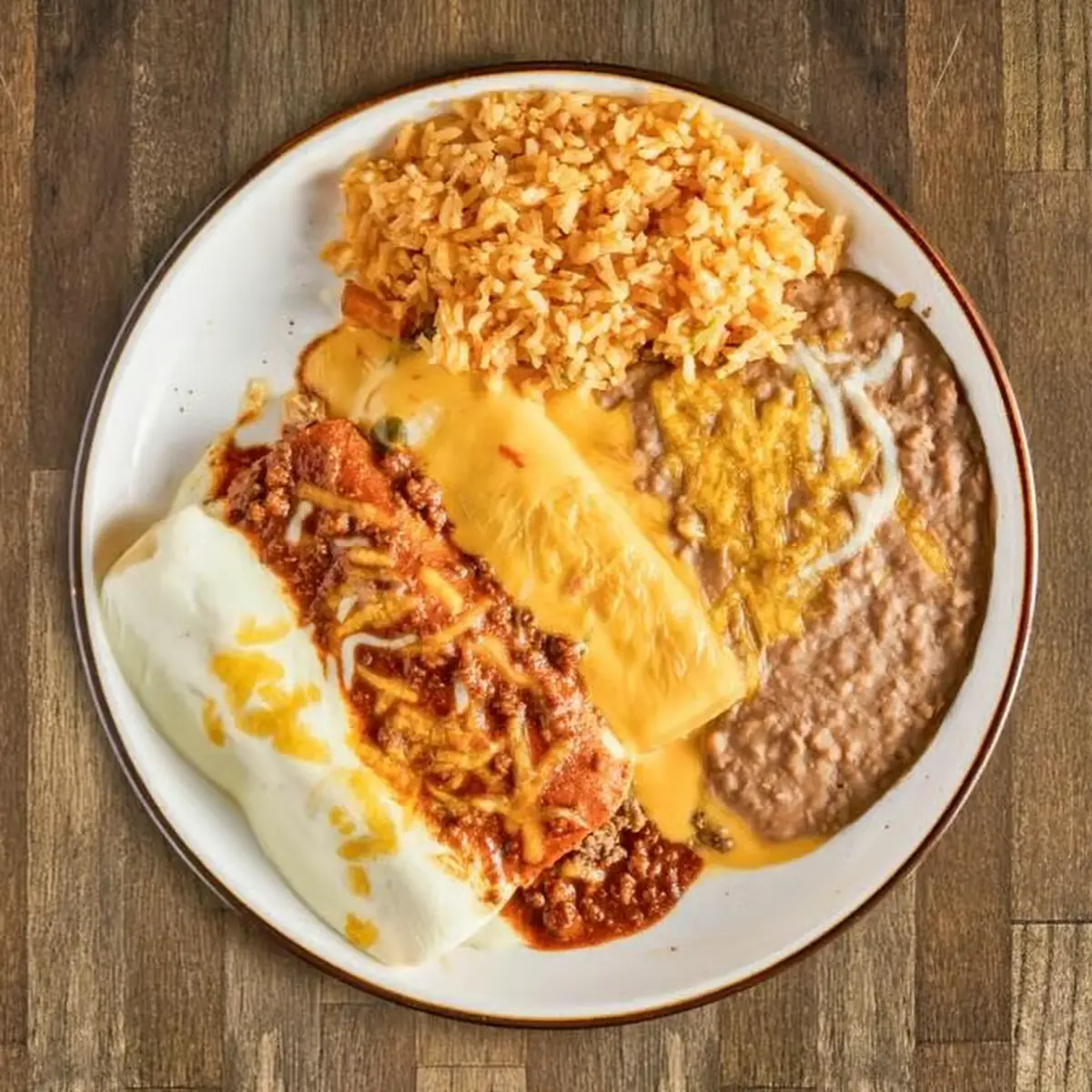 Enchiladas Rice Refried Beans Quesadilla Plate