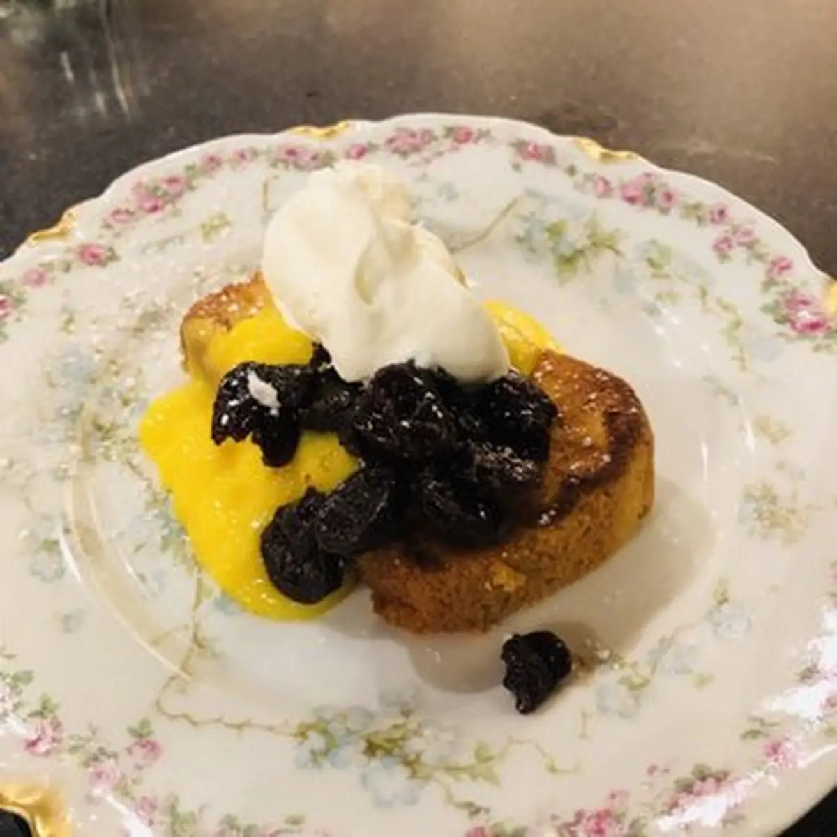 Vanilla Brioche Bread Pudding with Chocolate & Prunes Cognac Crème Anglaise