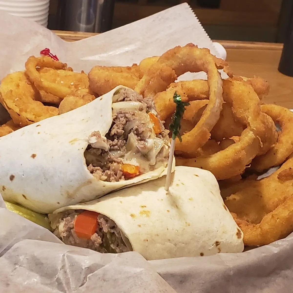 Steak Bomb Wrap and Onion Rings