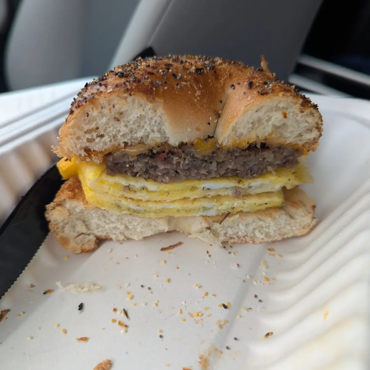 Sausage Egg and Cheese on an Everything Bagel