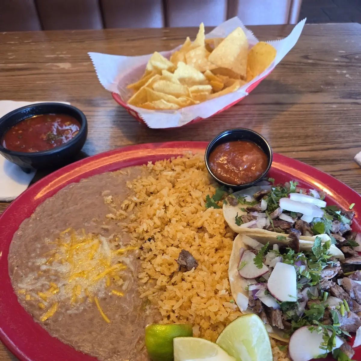 Chicken Enchilada with Refried Beans and Rice