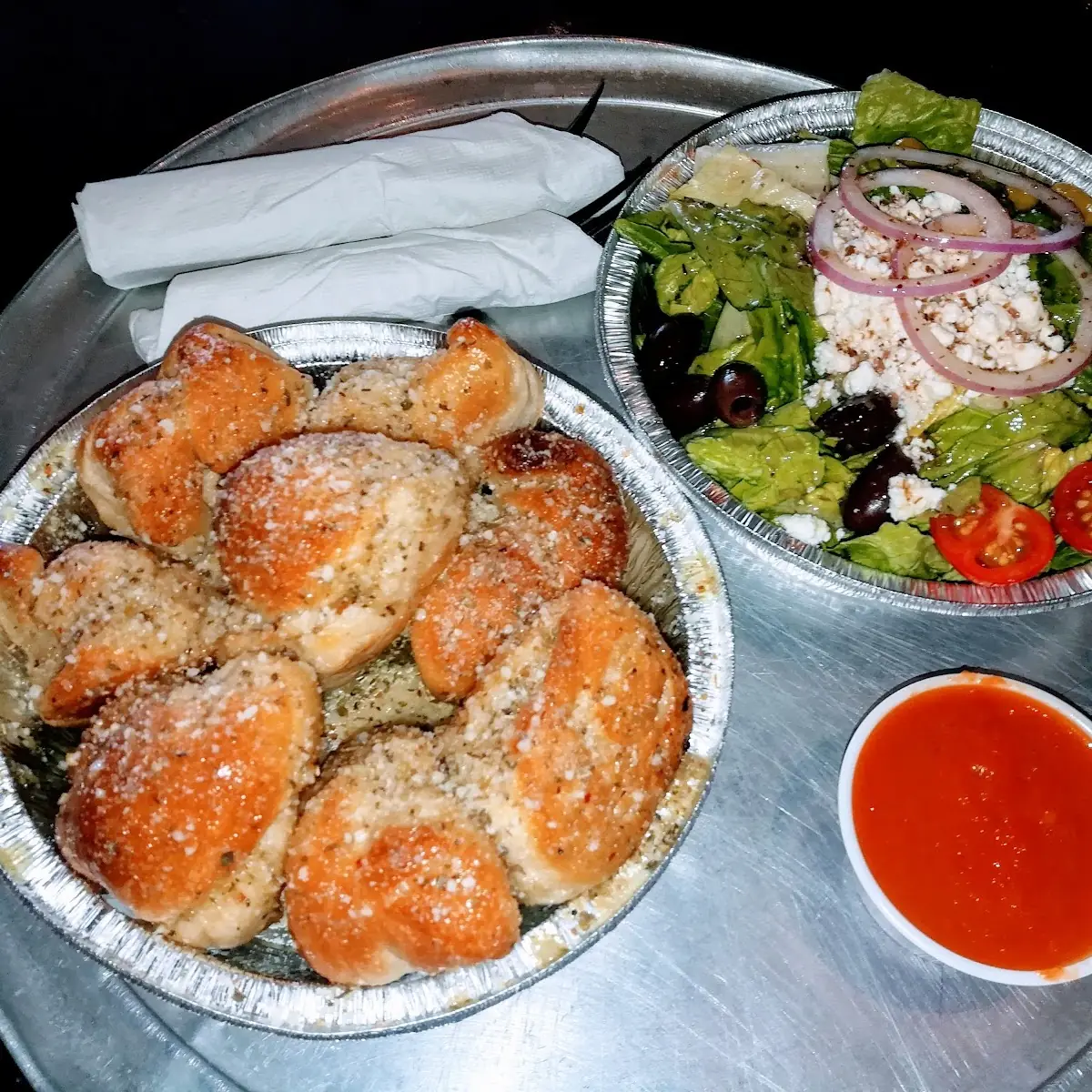 Garlic Knots and Greek Salad