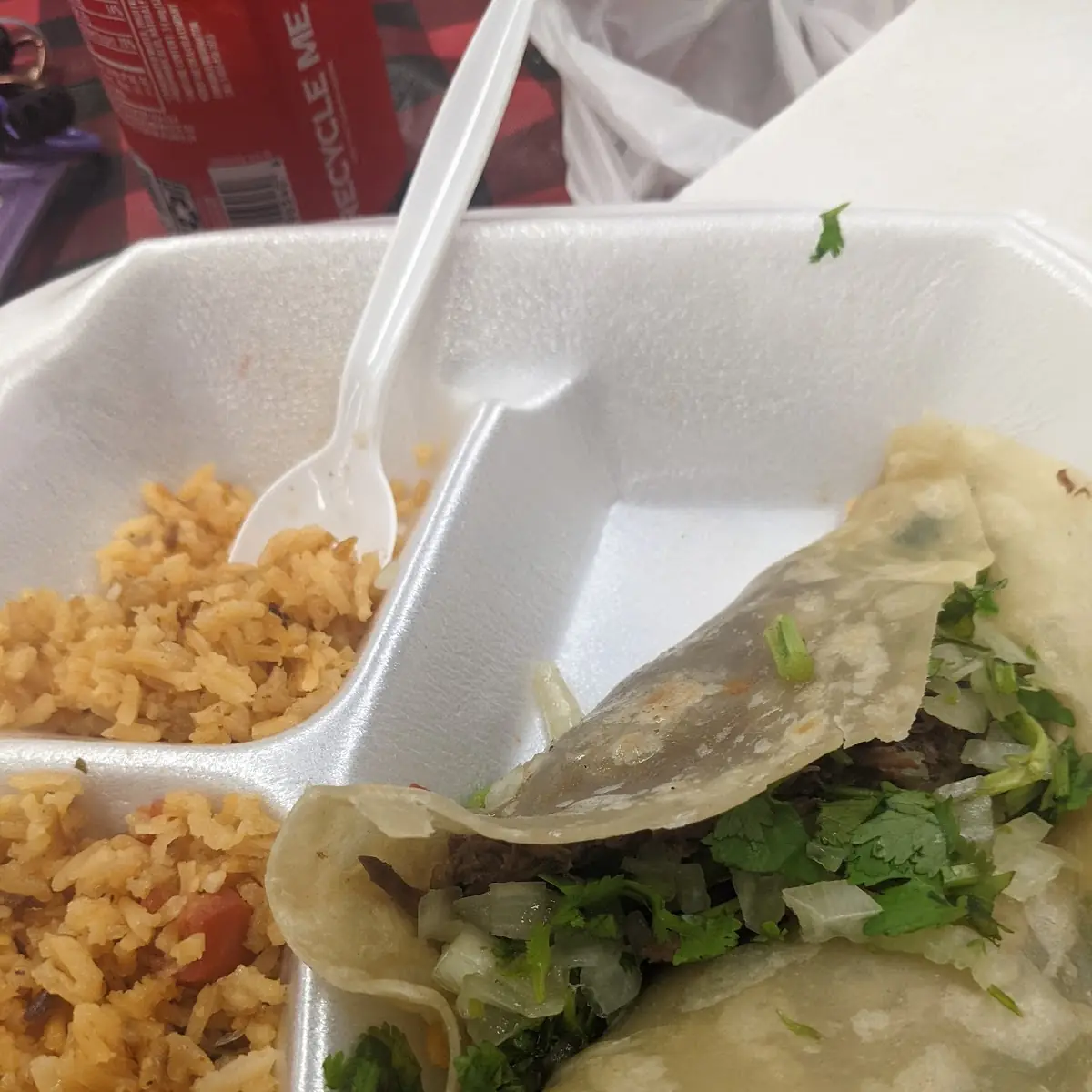 Three Barbacoa Tacos with Double Rice and a Coca Cola