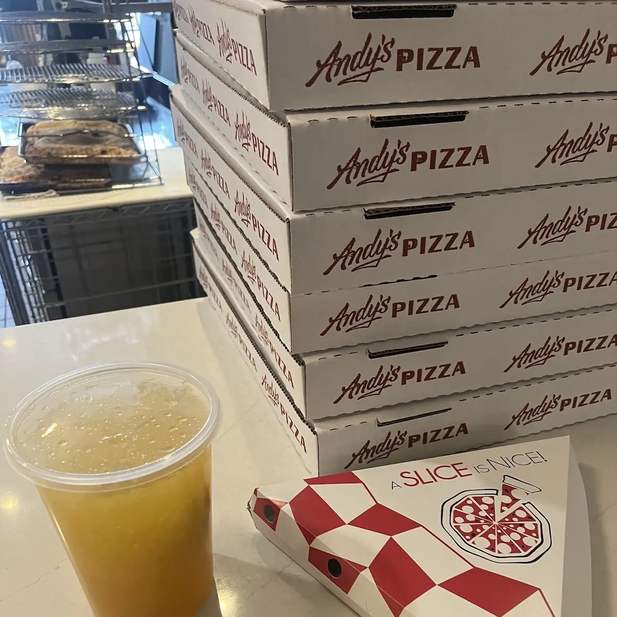 Andy’S Pizza Slice & Passion Green Tea w Sparkling Water