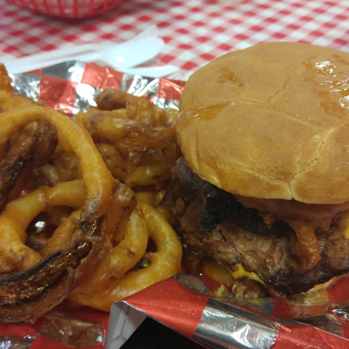 Cowboy Burger and Onion Rings