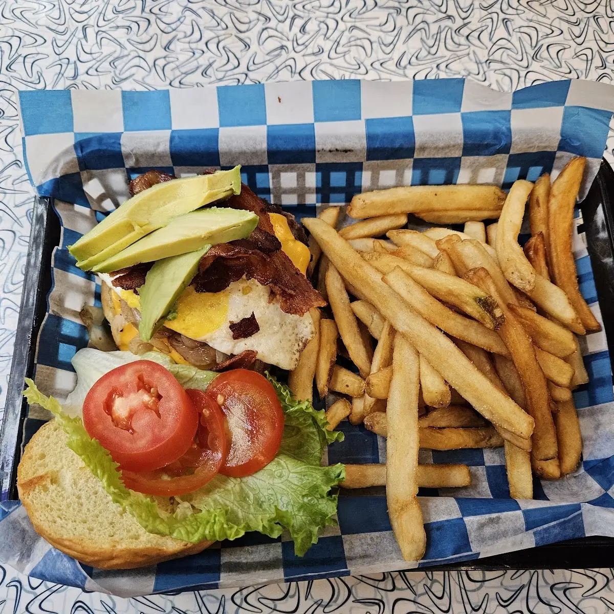 Cabaret Burger with Avocado Egg Bacon and Fried Onions