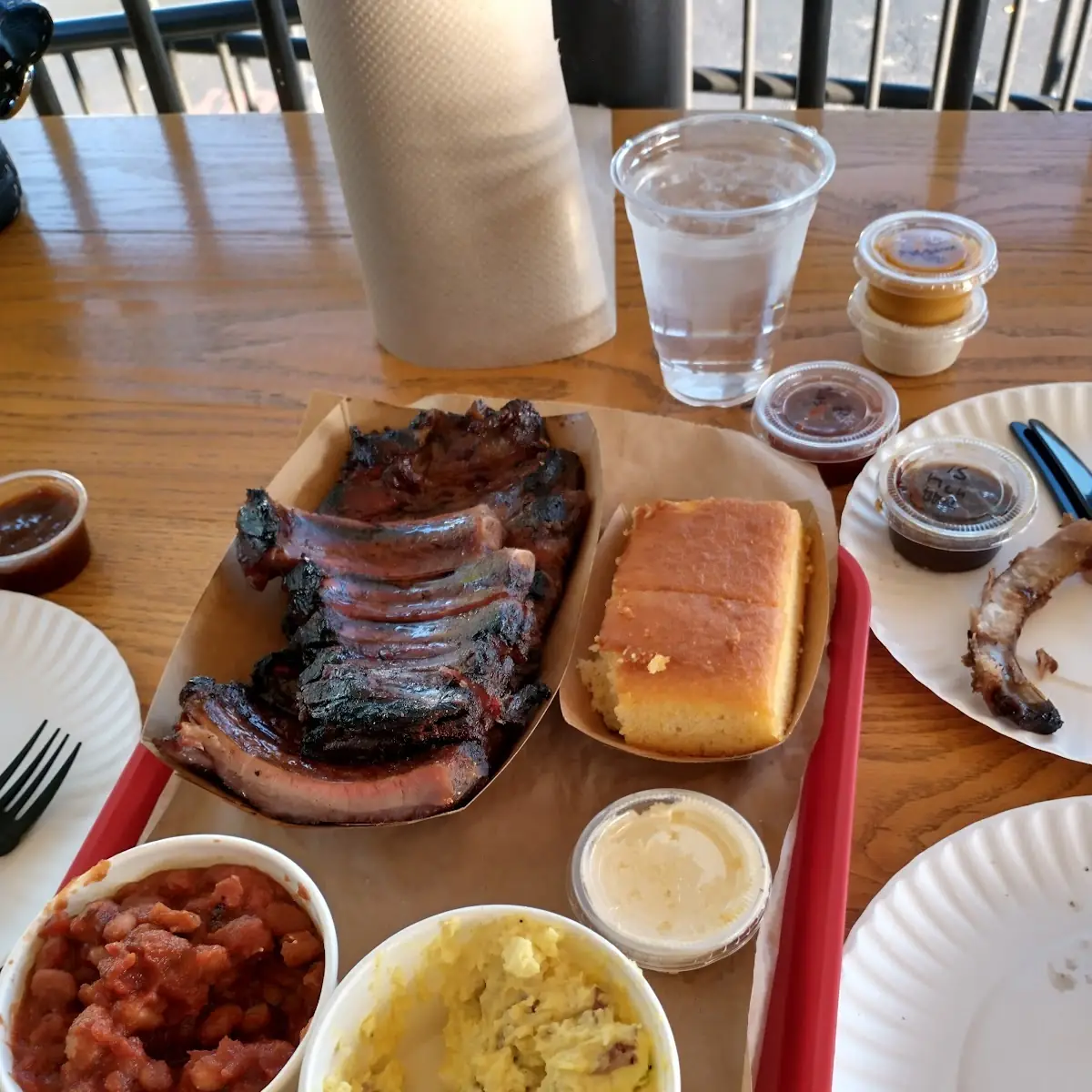 Ribs Corn Bread Potato Salad and Baked Beans