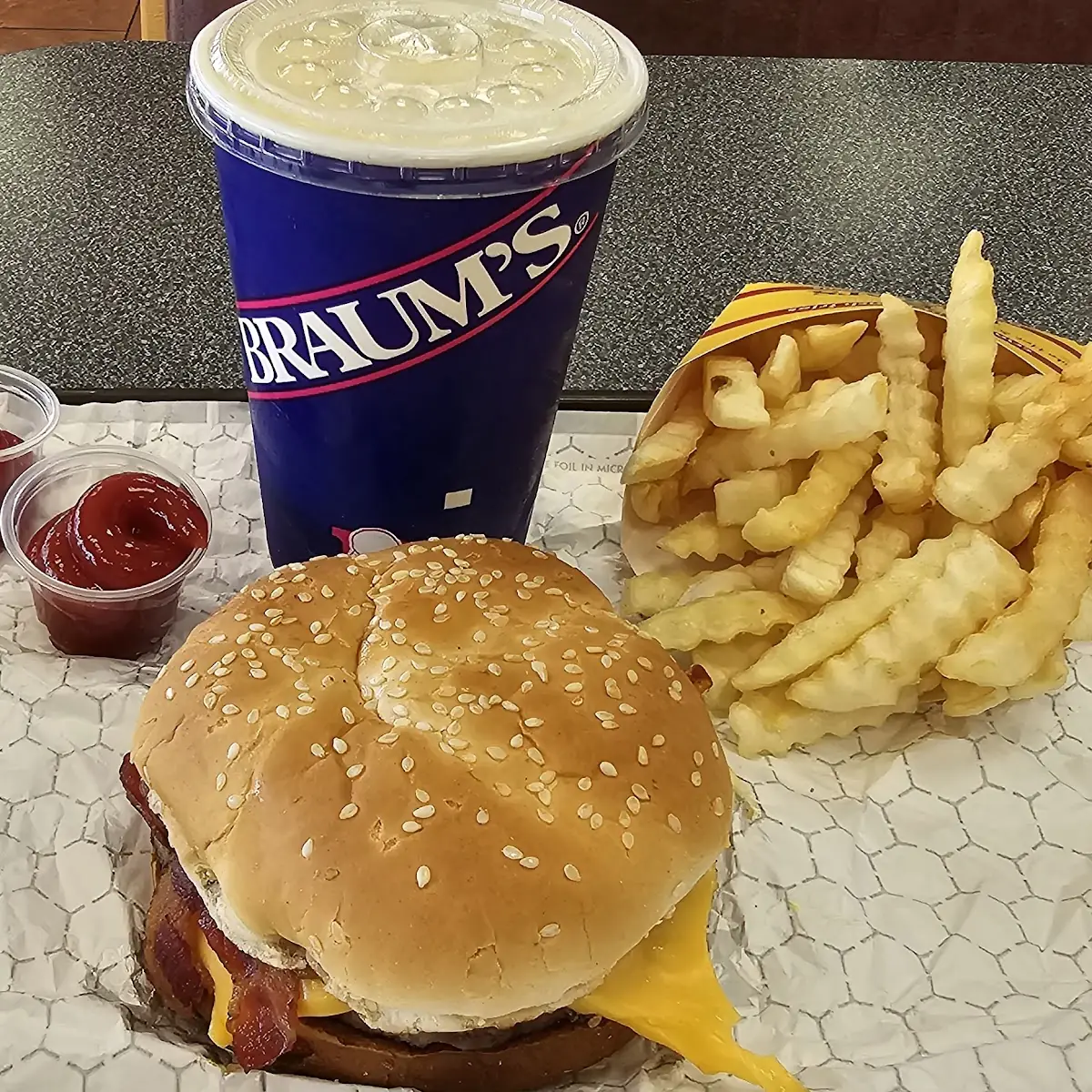 Bacon Cheeseburger with Fries and a Shake
