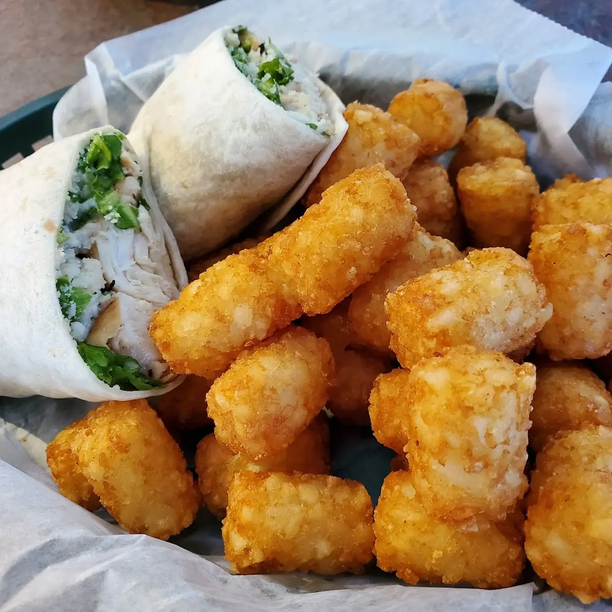 Chicken Caesar Wrap and Tater Tots