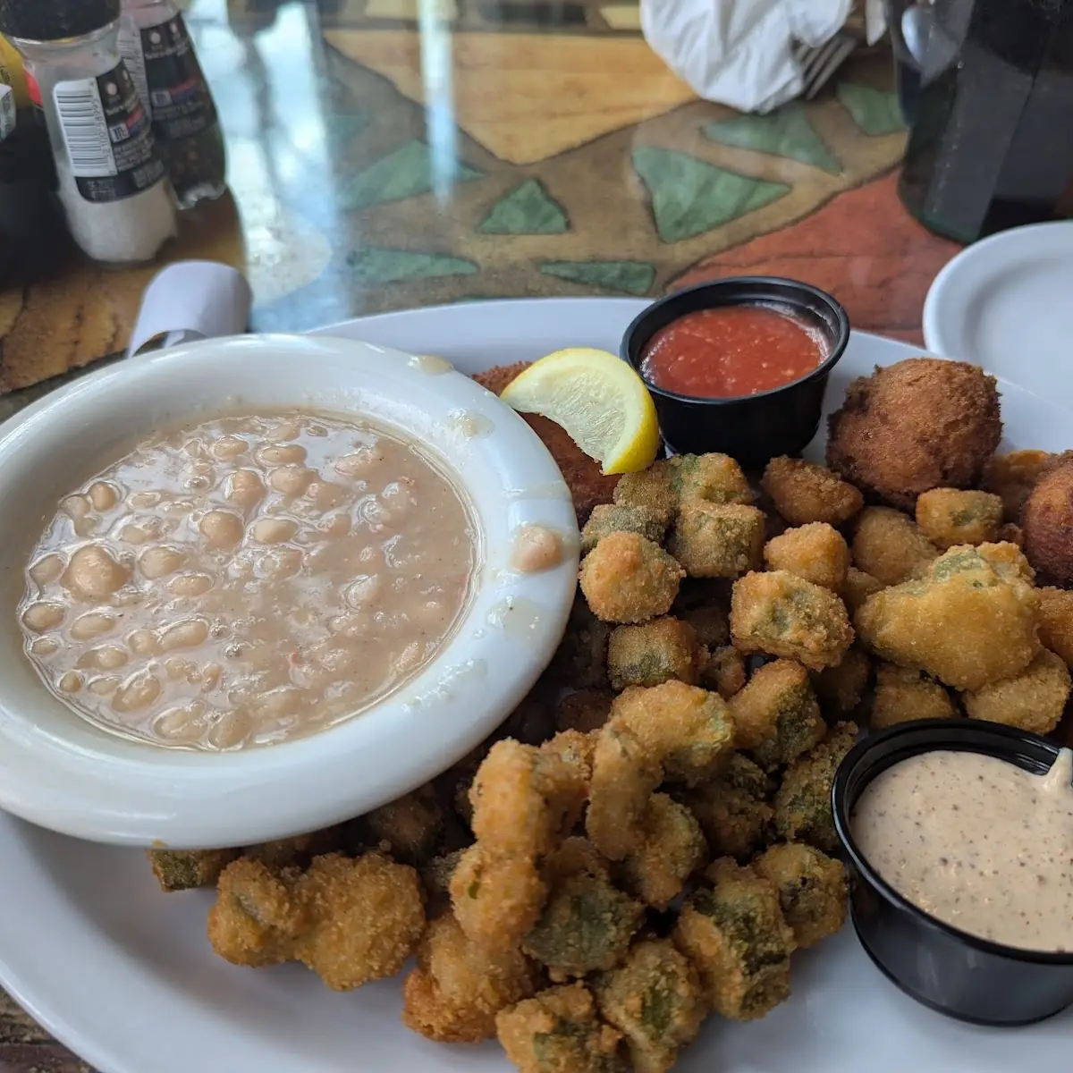 Popcorn Shrimp Fried Okra White Beans