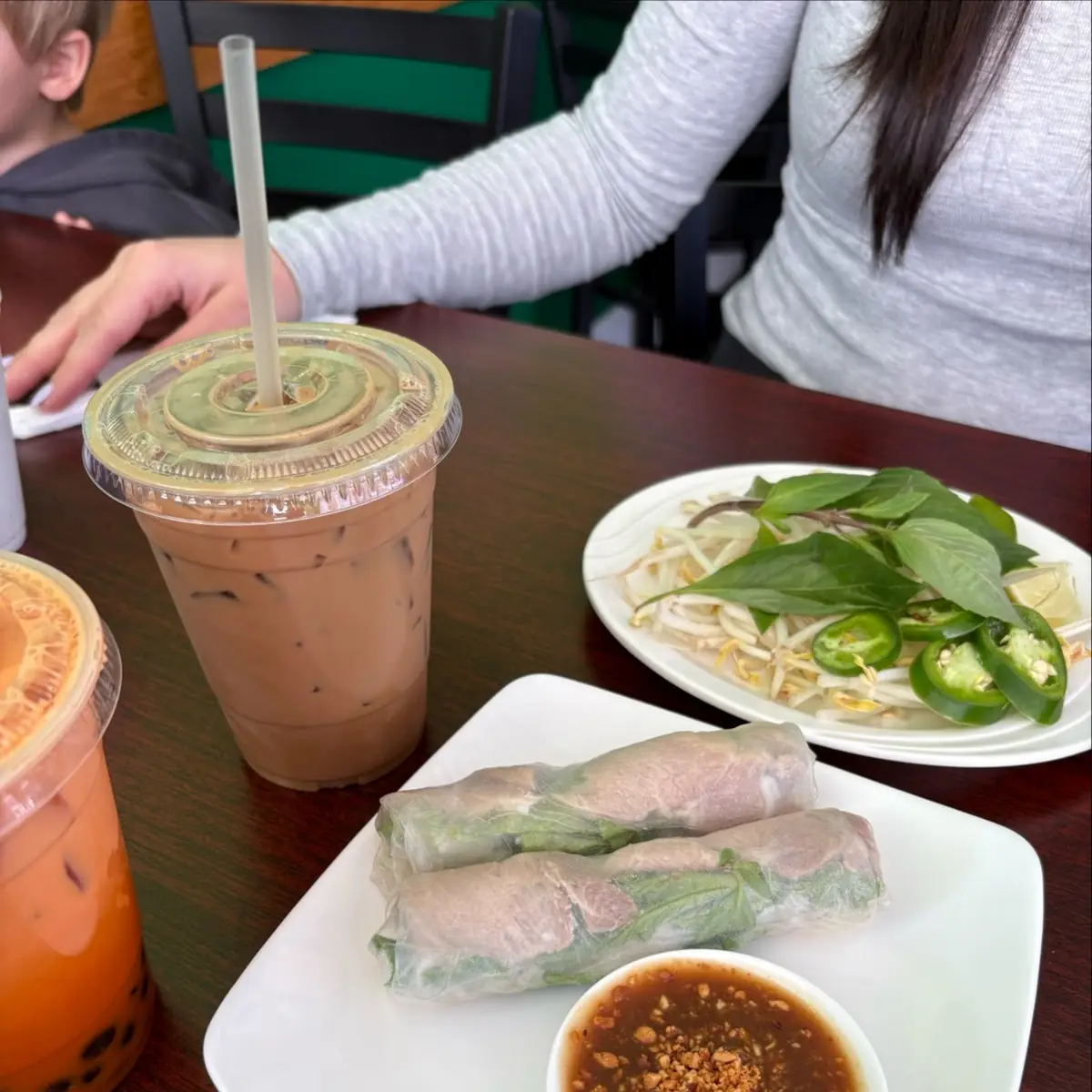 Thai Tea w Tapioca Ice Coffee and Spring Rolls