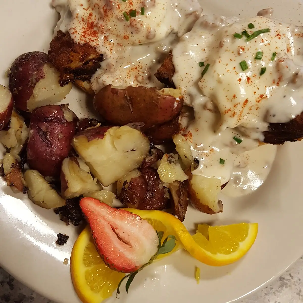 Scrambled Eggs Biscuits and Gravy Fried Potatoes