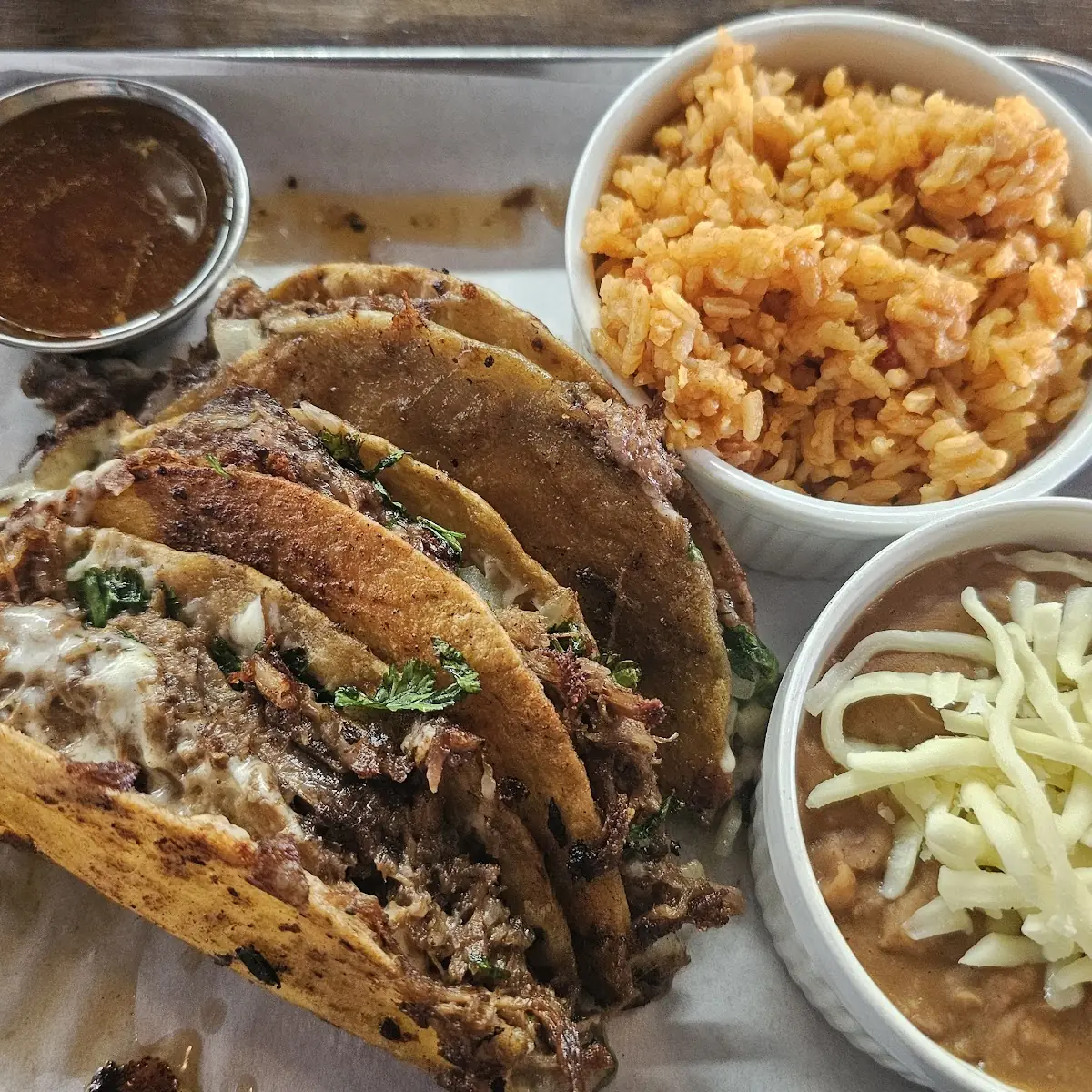 Birria Tacos w Beans and Rice