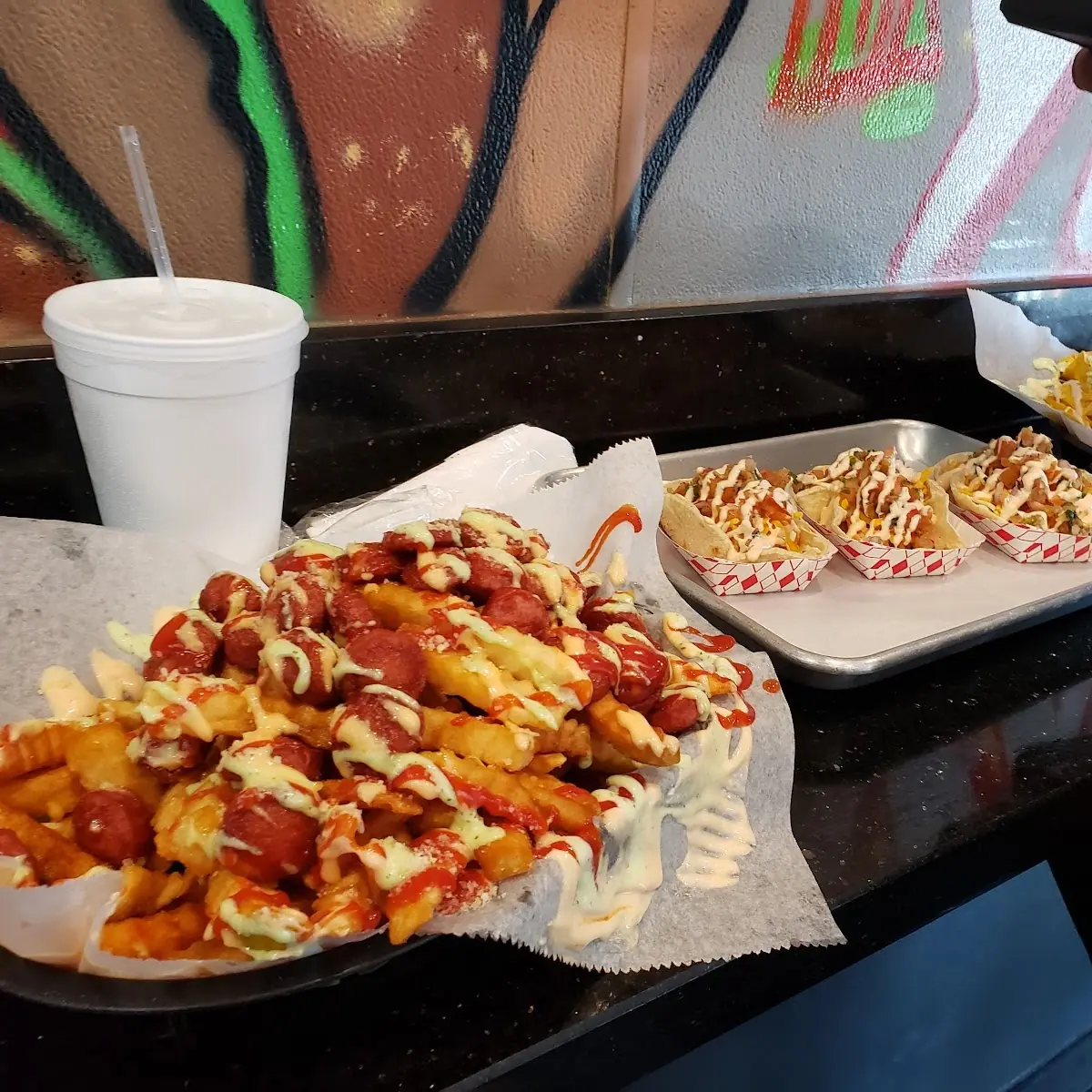 Salchipapas Chicken Tacos and Loaded Nachos