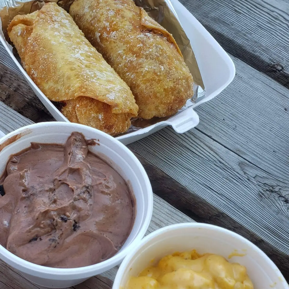 Pork Egg Rolls Dirt Cup & Mac and Cheese