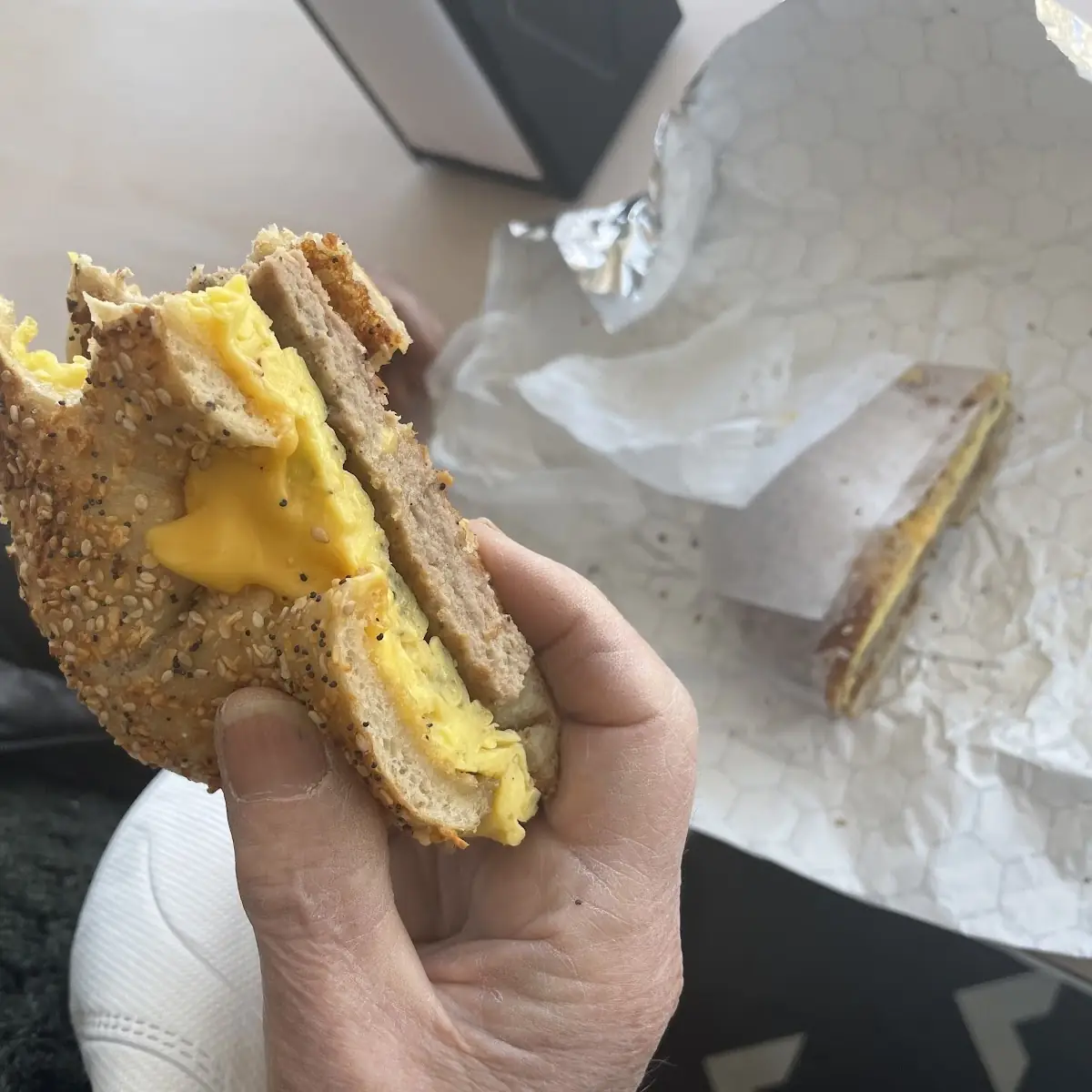 Sausage Egg and Cheese on an Everything Bagel