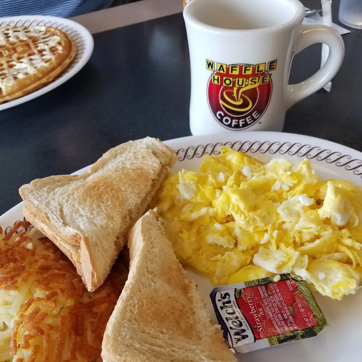 Scrambled Eggs Hashbrowns and Toast