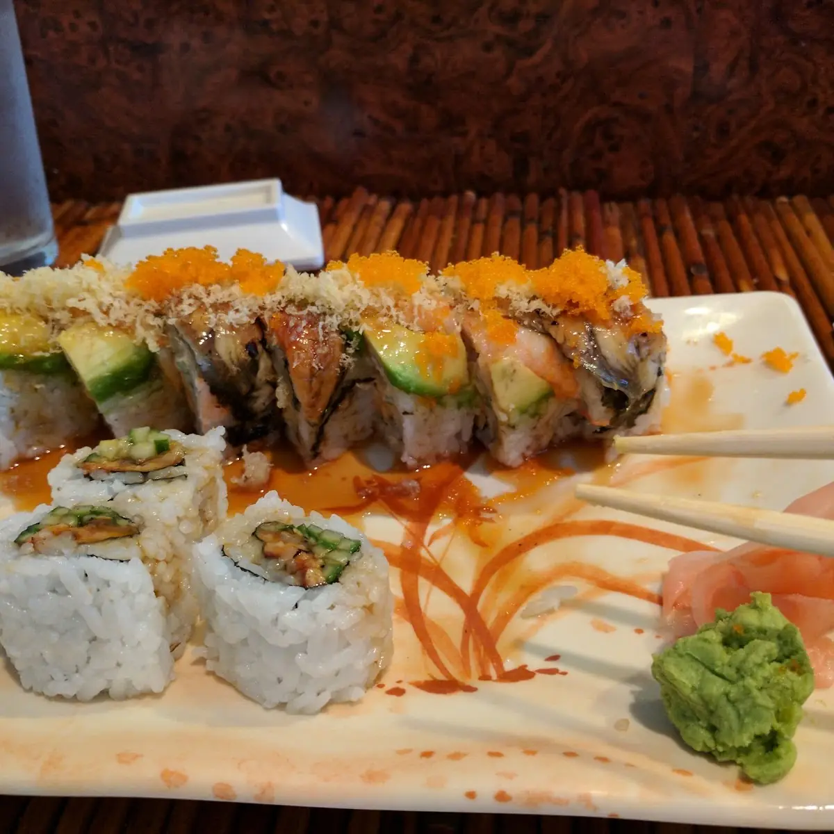 Dragon Roll on Top I Think Electric Eel on Bottom