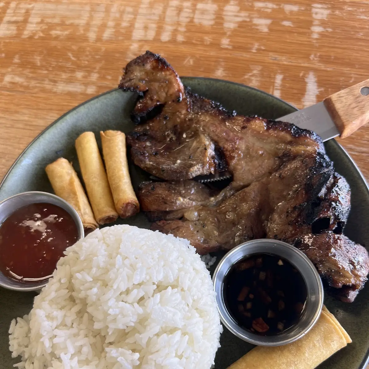 Grilled Pork Rice and Spring Rolls