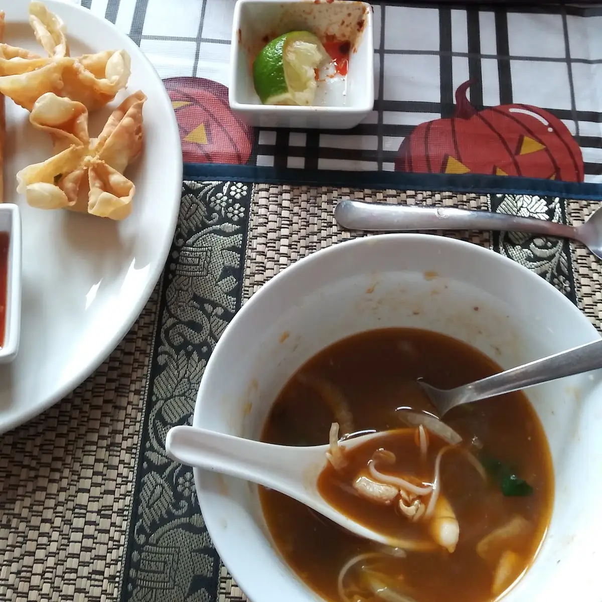 Chicken Pho Crab Rangoon and Egg Rolls