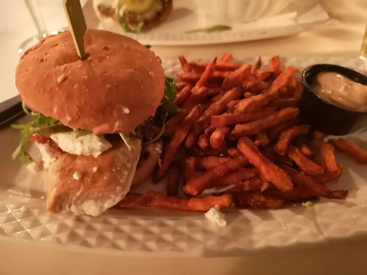 Salmon Burger on Gluten Free Buns with Yam Fries, The Blind Angler Grill