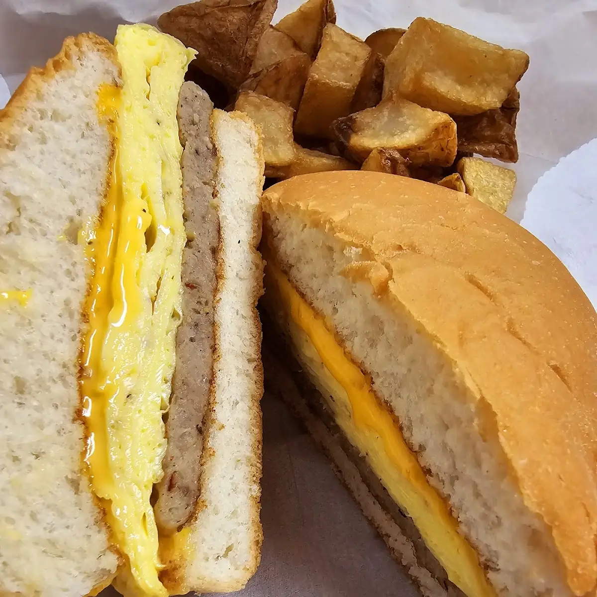 Sausage Egg Cheese Breakfast Burger with Potatoes