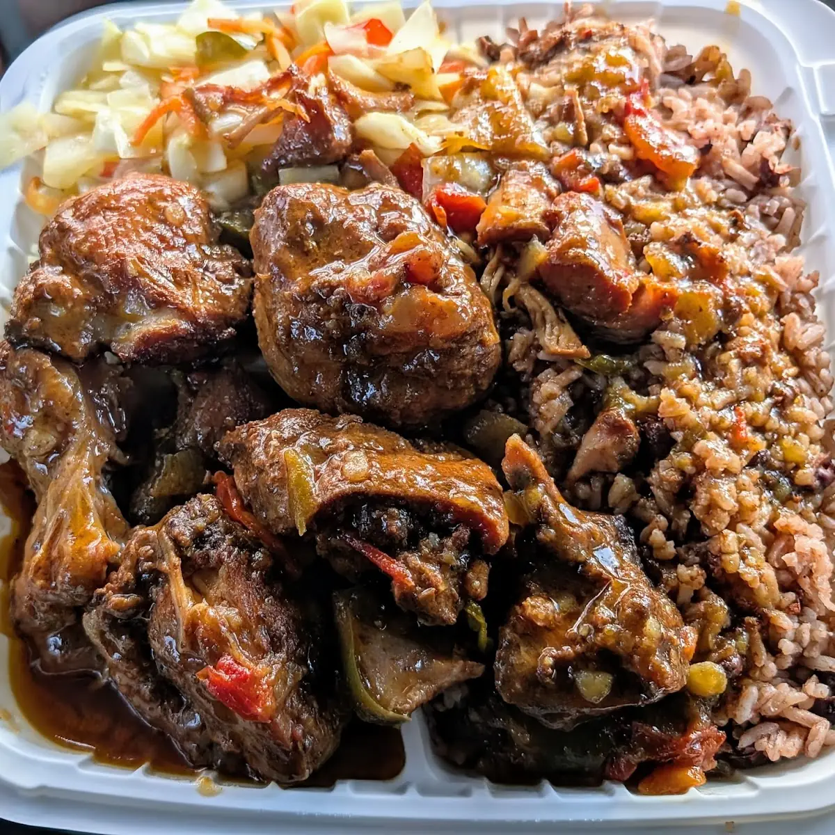 Stew Chicken Rice and Peas and Cabbage