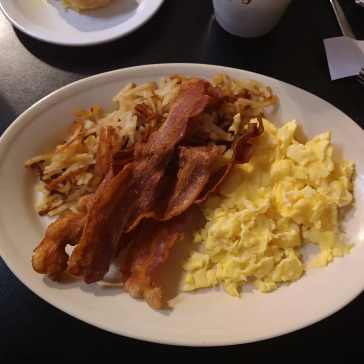 Eggs and Bacon with Hash Brown and Toast