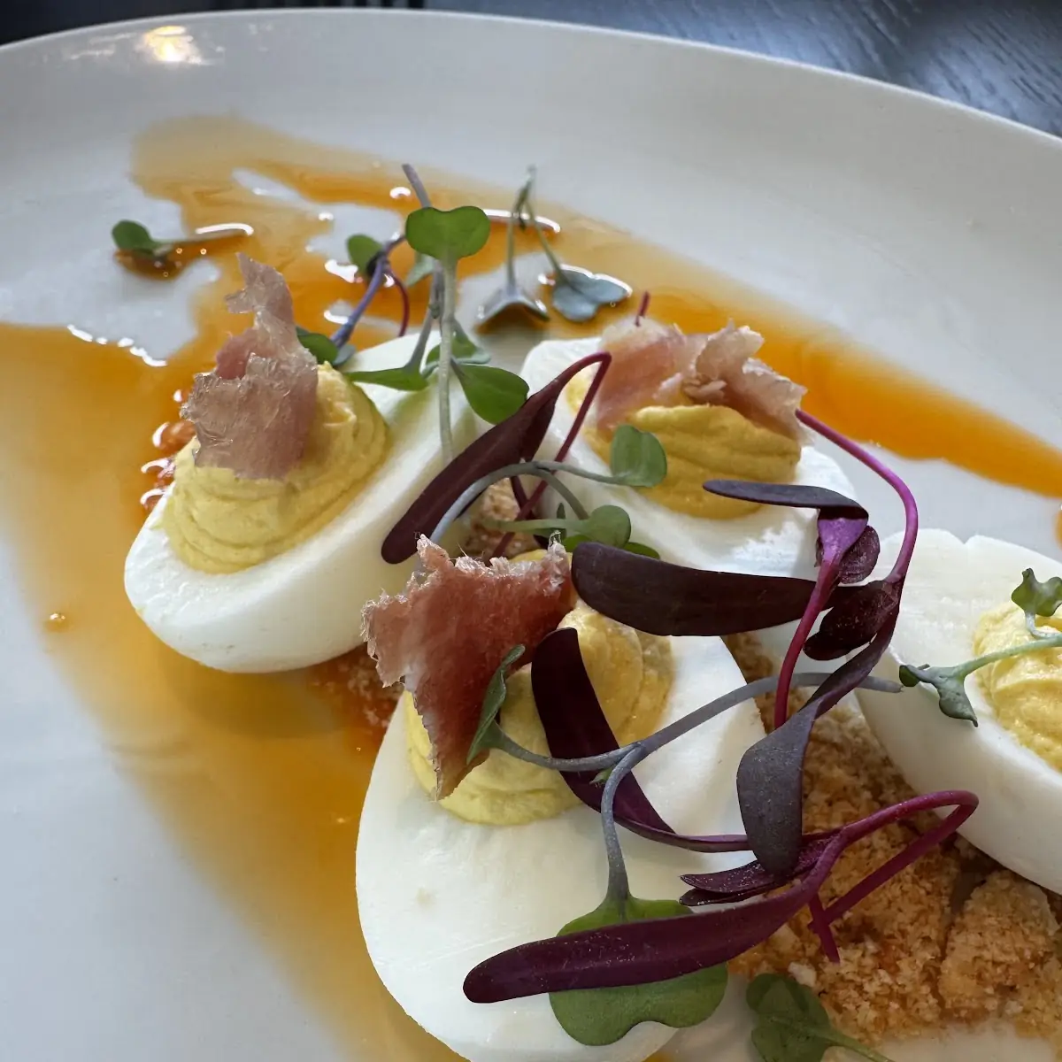 Deviled Eggs with Benton Ham Crumbled Toast