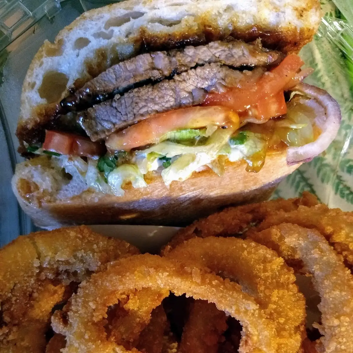 Tri Tip Sandwich and Onion Rings