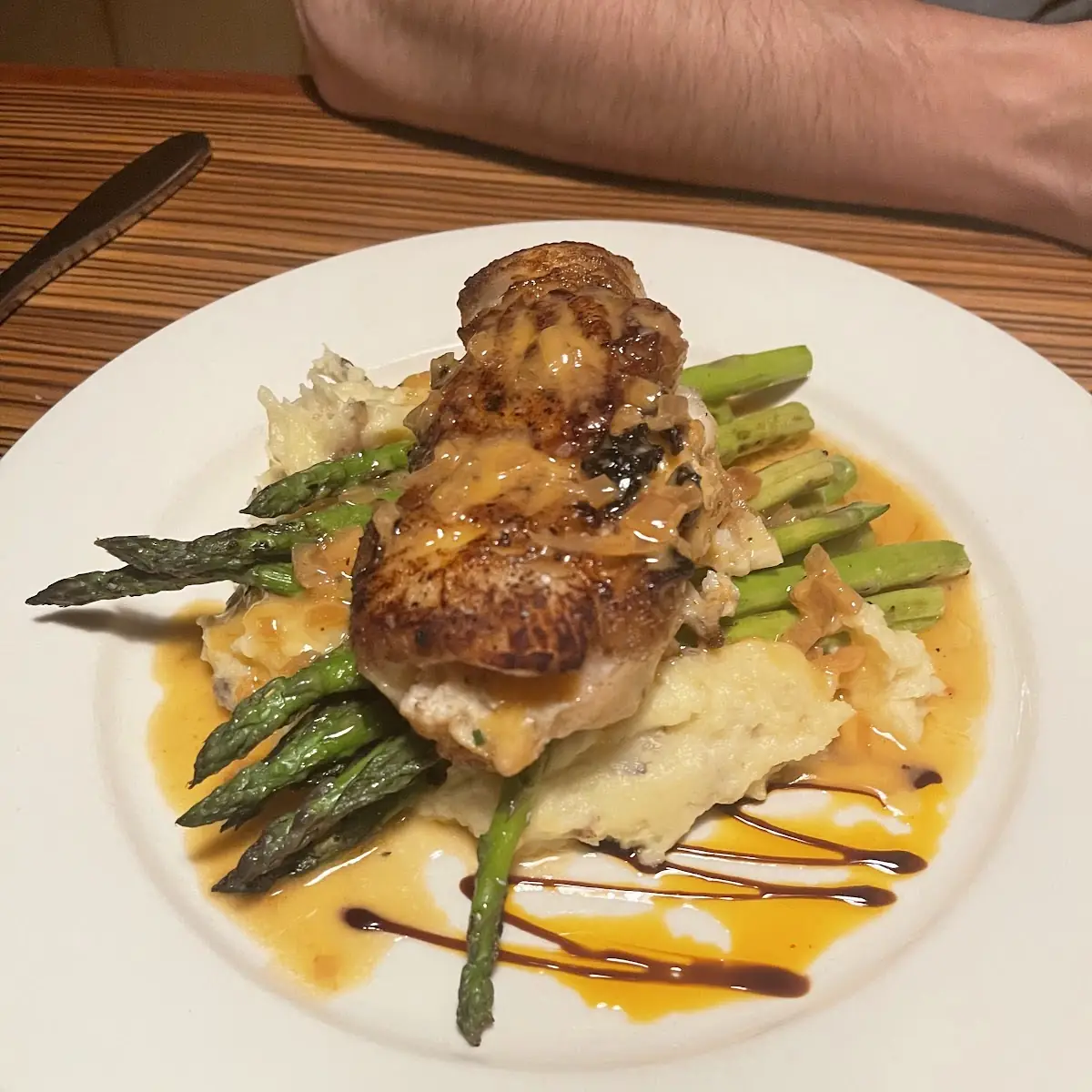 Lobster Crusted Cod with a Champagne Lemon Sauce Served with Mashed Potatoes & Asparagus