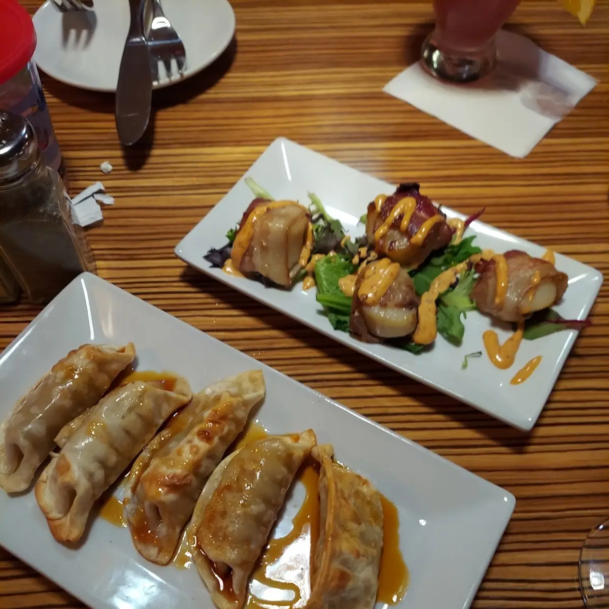 Pork Dumplings and Bacon Wrapped Scallops